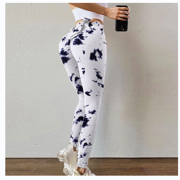 Pantaloni da yoga da yoga da donna con stampa multicolore antirughe sull'anca, dimagranti a vita alta, con fiocco elasticizzato_voghion.com