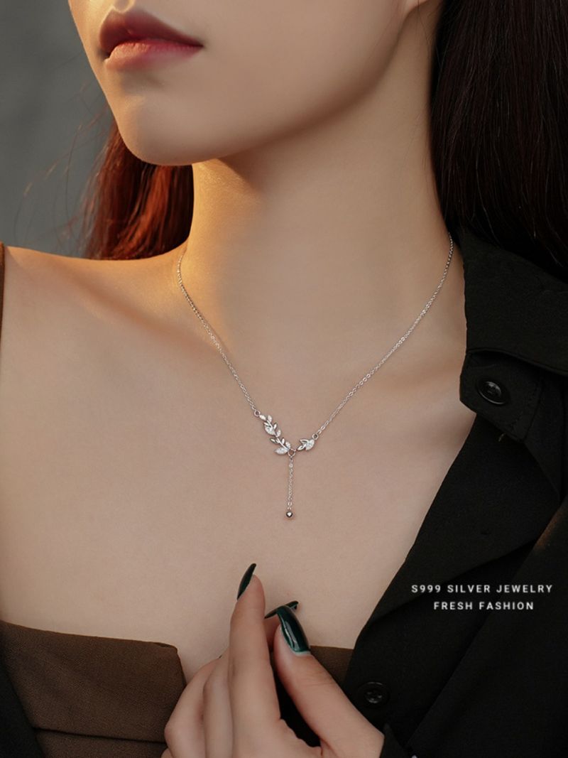 S999 Wheat Ear Tassel Necklace for Women, Sweet Elegant, Small and Fresh collarbone Chain, Pure Silver Necklace,_voghion.com