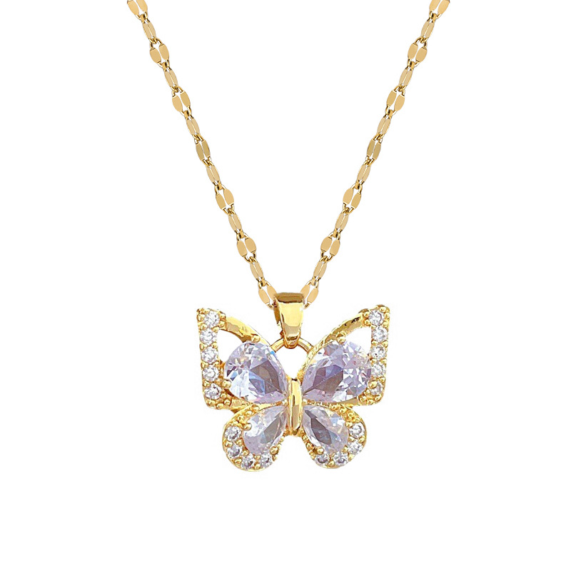 Edelstahl-Schmuckset mit Ohrringen, Anhänger und Halskette für Damen, schicke Mode, Strass, weiß, klar, Schmetterlings-Schmuckset_voghion.com