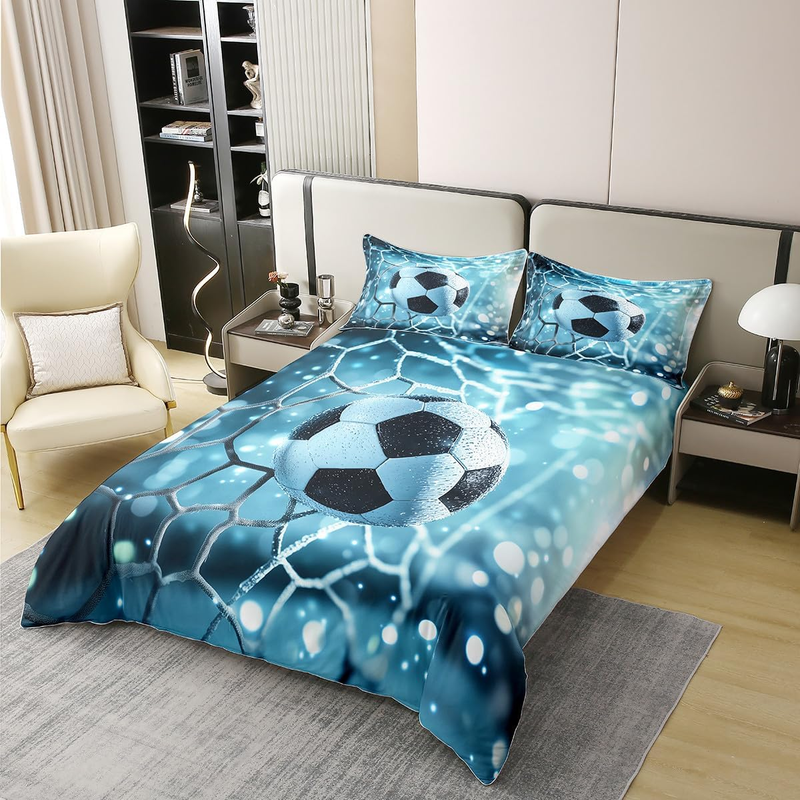 Football Duvet Cover Double Football Field Bedding Set For Kids Boys Men Goal Polka Dots Light White Light Blue Comforter Cover Soft Comfy Bedclothes_voghion.com