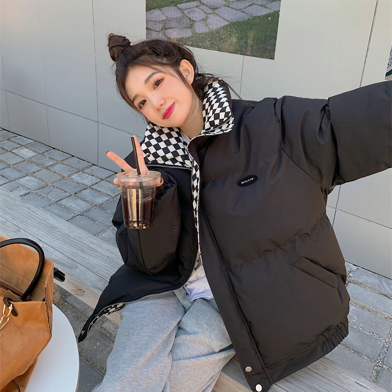 Women’s Oversized Checkerboard Puffer Jacket – Thick Cotton Quilted Coat With Stand Collar (Black, Coffee, S-XXL)_voghion.com