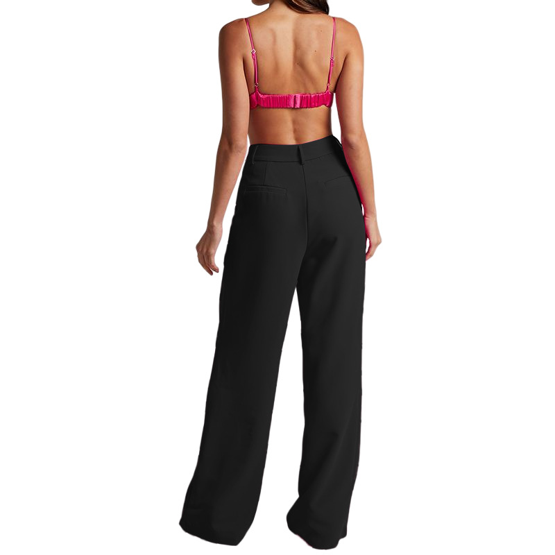 Pantaloni larghi da donna a gamba larga a vita alta a maniche lunghe con risvolto casual, due pezzi_voghion.com