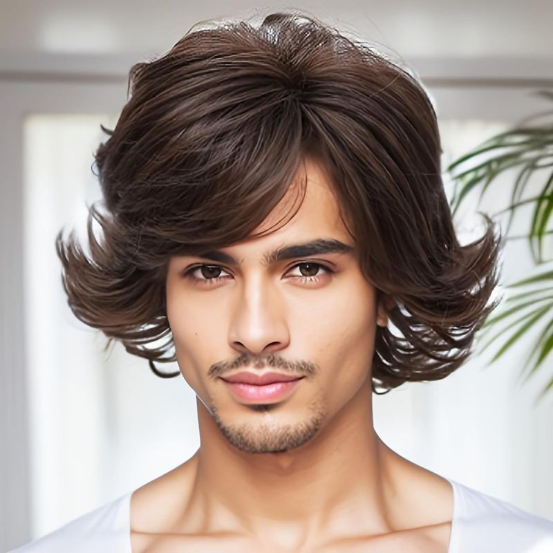 Synthetic Clip-in Men's Wigs Brown Side Parted Short Curly Hair Reverse Curling Wig Set Fashion Men's Wig_voghion.com