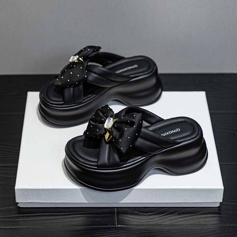 Summer New New Bowknot Rhinestone Thick Sole French Style Platform Versatile Women's Sandals_voghion.com