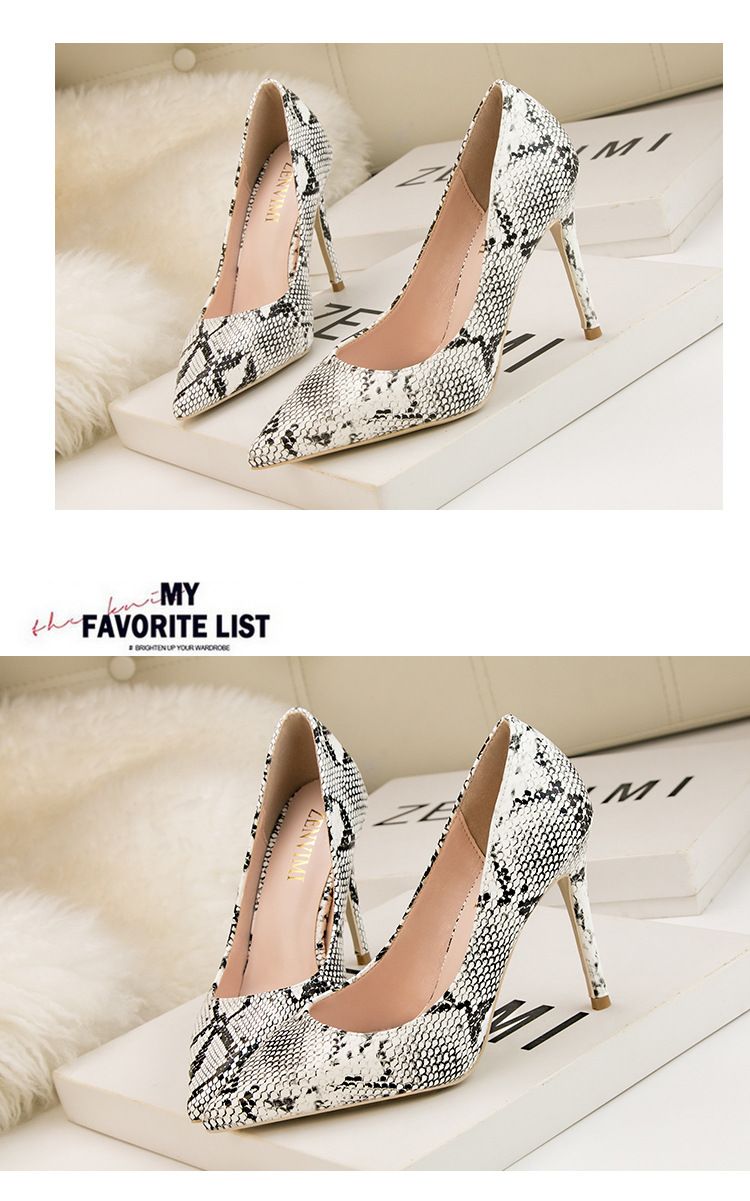 Mode im europäischen und amerikanischen Stil, schlichte High Heels, flaches Schlangenmuster, spitz zulaufend und sexy für den Club, schlankmachende High Heels, einzelne Schuhe_voghion.com