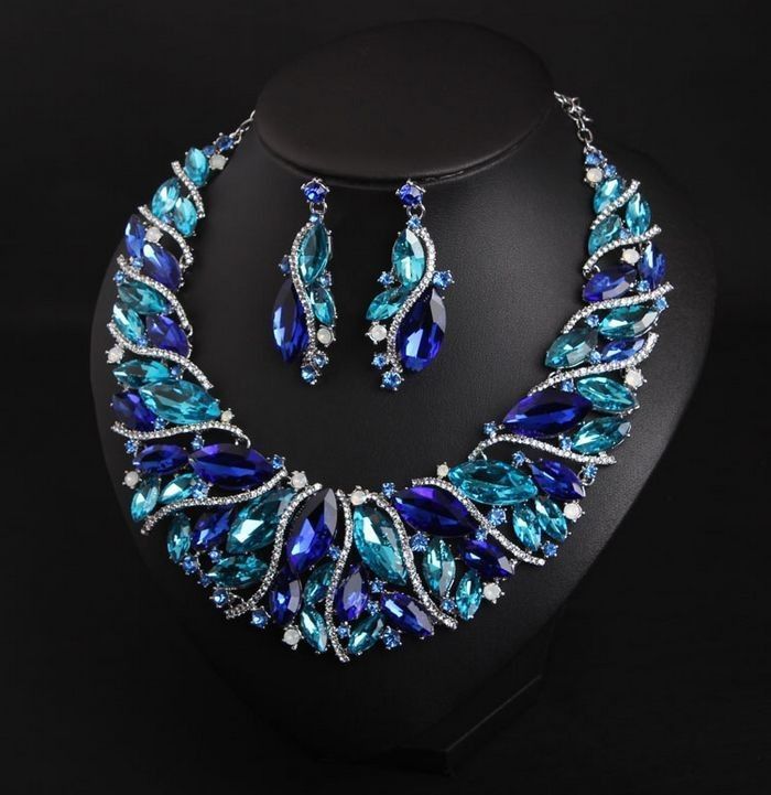High Beauty Exaggerated Crystal Glass Short Collar Necklace Earring Set Women's Dress Evening Bridal Accessories_voghion.com
