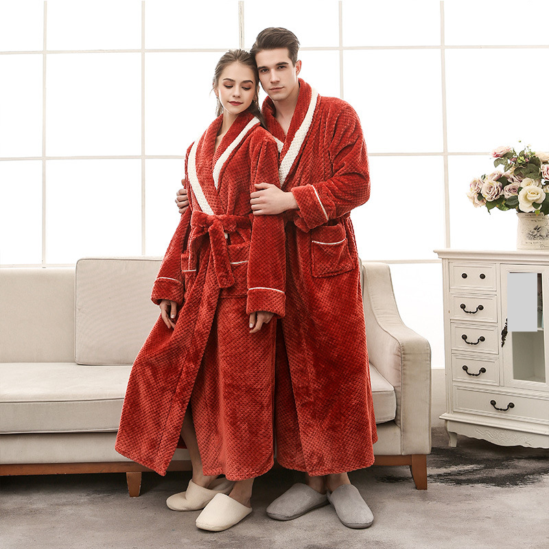 Autumn And Winter Contrast Color Pineapple Plaid Couple's Pamas Men's Fashionable Thick Large Size Flannel Bathrobe_voghion.com