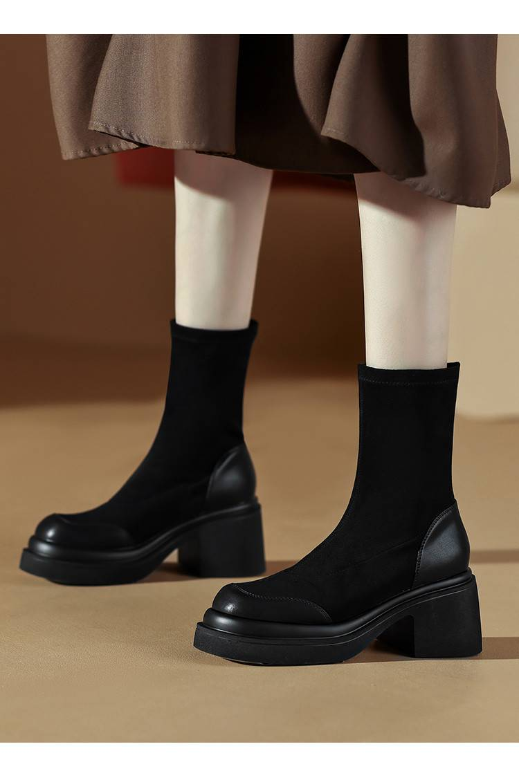 Cameido【Amincissant et rehaussant】Bottes à chaussettes élastiques épissées de style coréen, bottines à manches 2024 avec talons épais_voghion.com