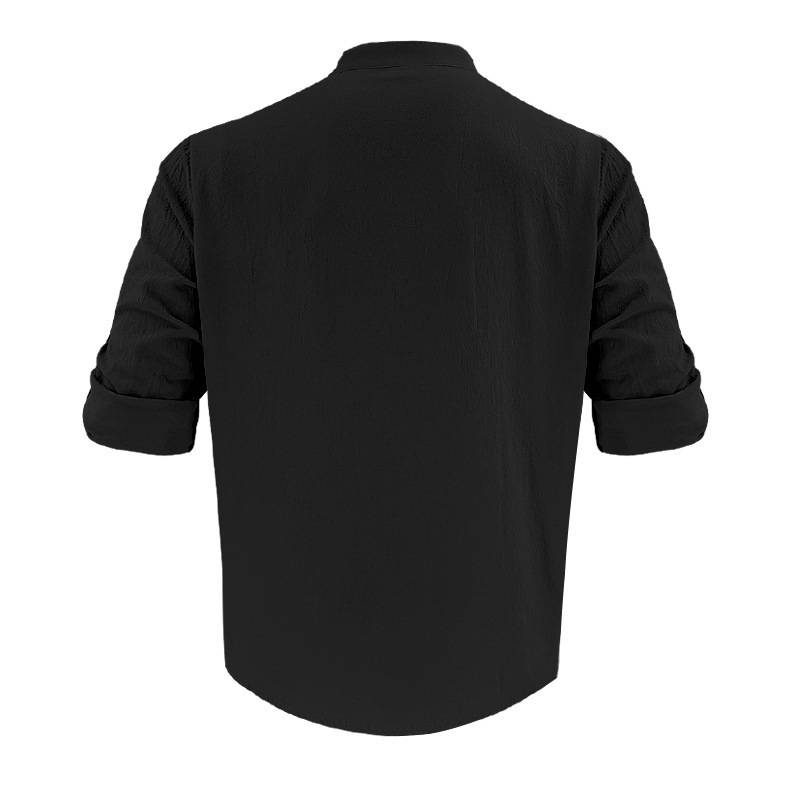 Camicia hawaiana a maniche lunghe, semplice, casual, in lino, traspirante, da uomo, estiva, con pantaloncini da spiaggia._voghion.com