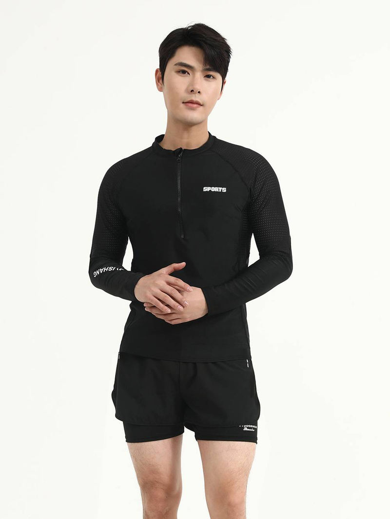 Herren-Badeanzugset mit Netzärmeln, geteiltes, langärmeliges, sonnenschützendes, schnell trocknendes Schwimmtrainingsset für Erwachsene in großer Größe_voghion.com