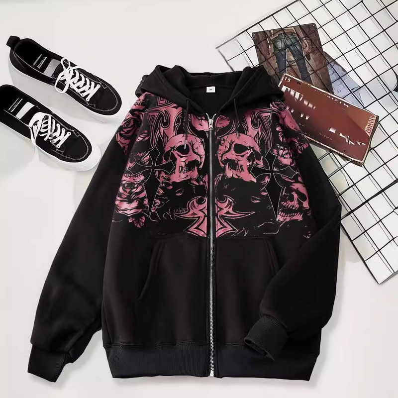 Herren-Hoodie mit Gothic-Totenkopf-Print – Schwarzes Sweatshirt mit Reißverschluss und Fleecefutter, Oversize-Passform, Langarm, Unisex-Streetwear für Freizeitkleidung_voghion.com