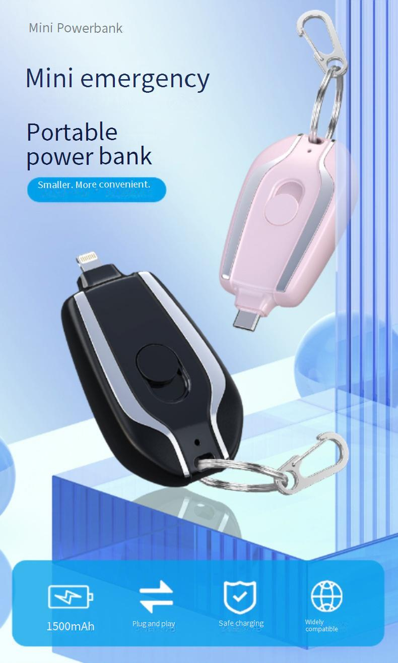 Ultraflache Schlüsselanhänger-Powerbank 1500 mAh – Tragbares kabelloses Ladegerät mit integriertem Kabel, Mini-Notladegerät für iPhone/Android_voghion.com