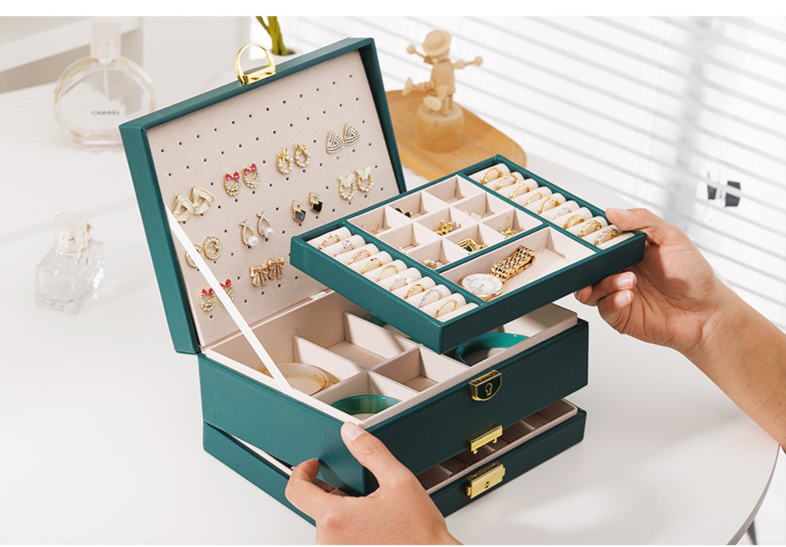 Luxury 4-Layer Leather Jewelry Organizer Box For Earrings, Rings & Necklaces - Large Capacity Stylish Storage Case With Soft Lining, Compact Design_voghion.com