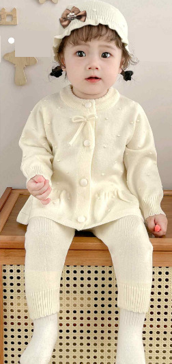 Mother & Kids Soft Cotton Baby Girl Outfit 2-Piece Set Cute Cartoon Print Long Sleeve Cardigan & Pants (White, Pink, Gray, Beige, Red, Green)_voghion.com