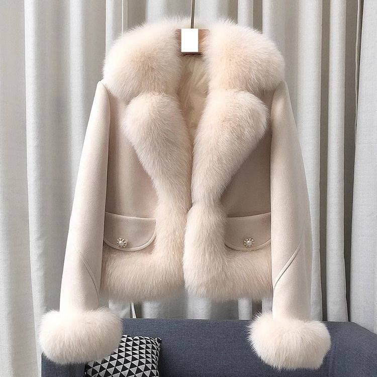 Women's Faux Fox Fur Short Coat - Elegant Style Jacket With Faux Suede Trim, Slim Fit, Winter Warm Outerwear (Blue, Pink, Beige, Camel)_voghion.com