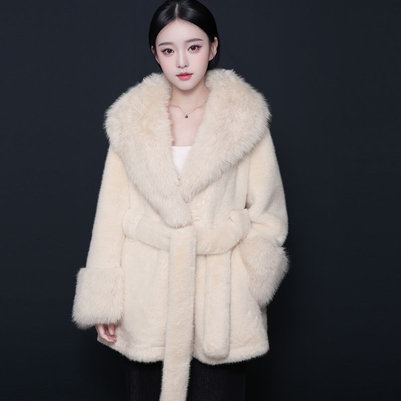 Elegant Faux Fur Coat With Belt & Oversized Collar - Winter Warm Plush Outerwear For Women In White, Black, Khaki, Brown, Leopard Print_voghion.com