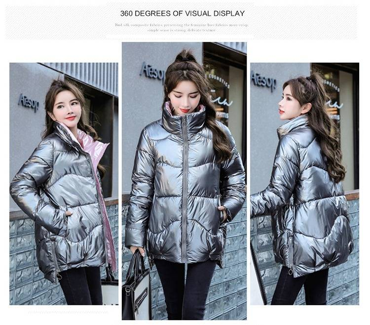 Piumino corto da donna con finitura lucida, cappotto trapuntato leggero, capospalla invernale con collo alto, vestibilità comoda e casual._voghion.com
