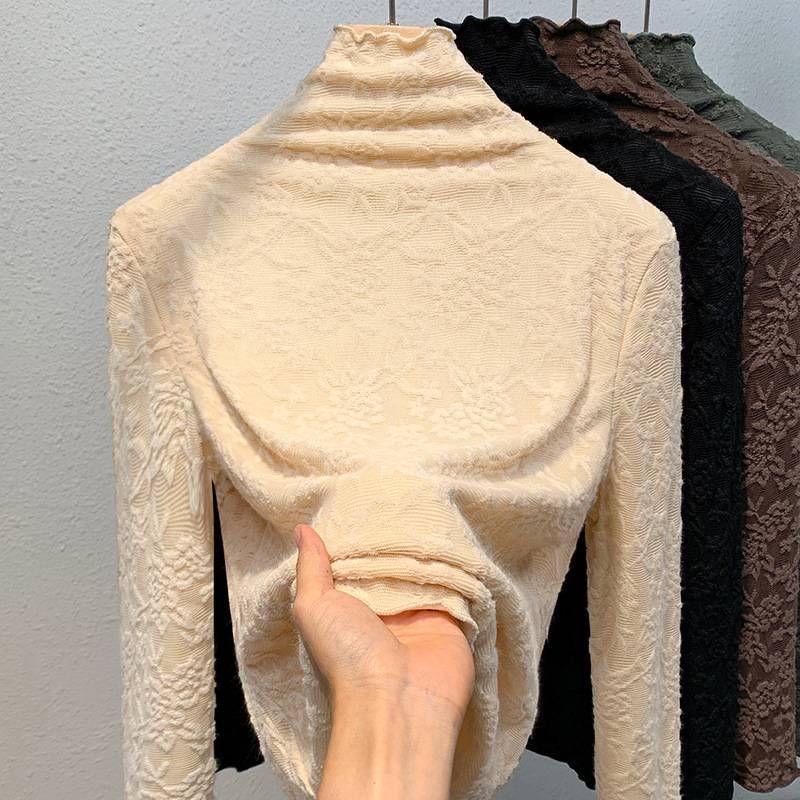 Damen-Thermotop mit hohem Kragen und Spitze – Langärmlige Bluse mit Spitzenbesatz und Fleecefutter (8 Farben, S-3XL)_voghion.com