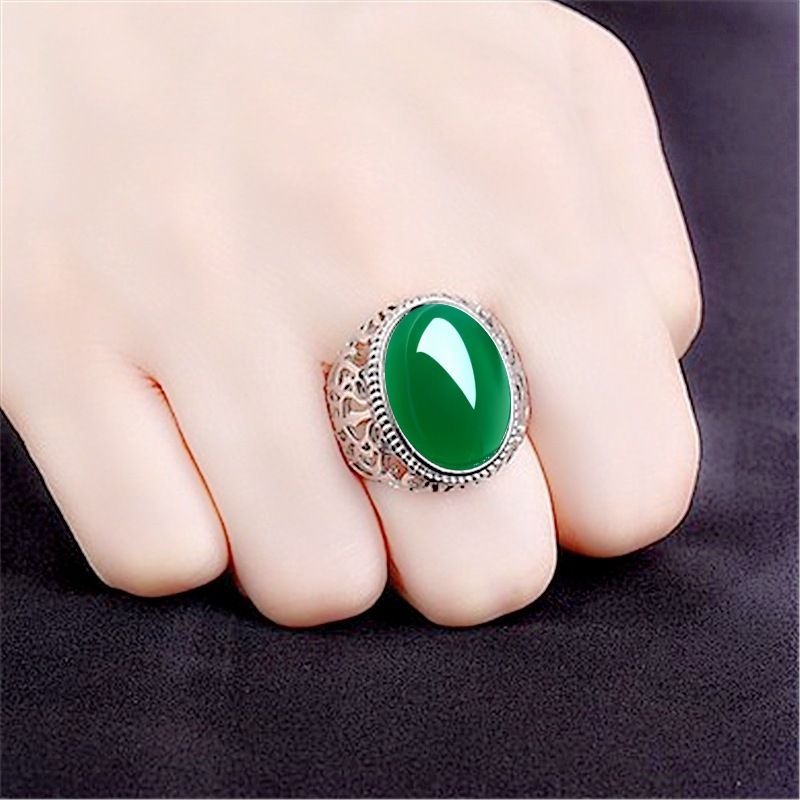 New Elegant And Bold Jade Temperamental Green Agate Adjustable Ring, Chalcedony Hollow Ring_voghion.com