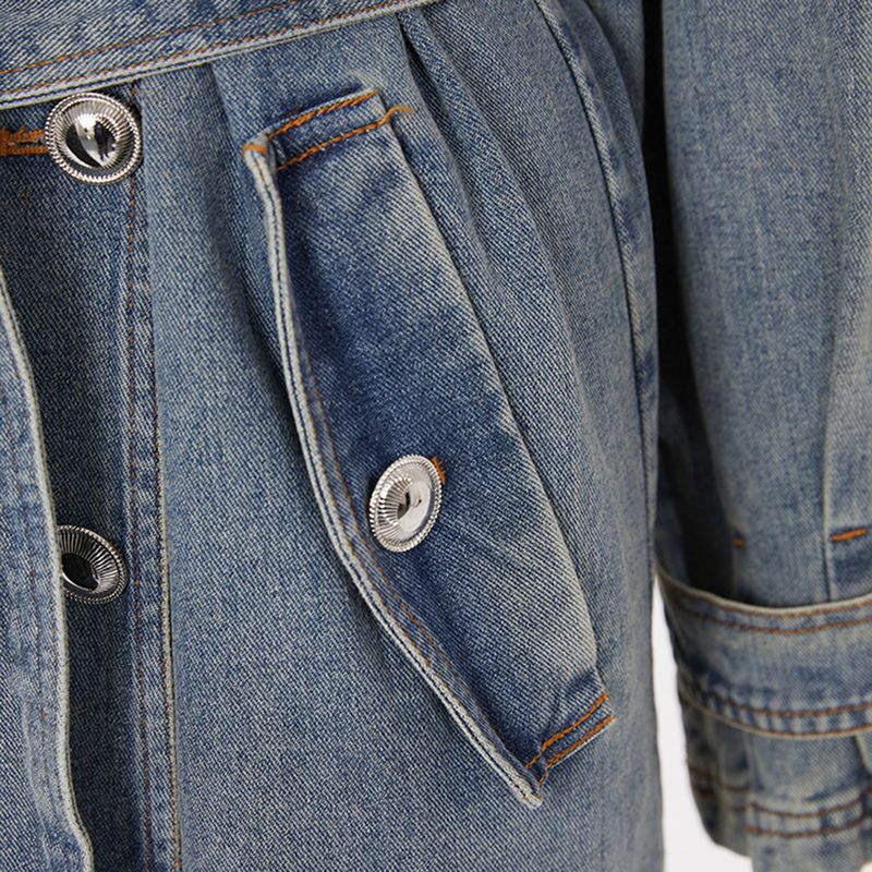 Damen-Jeans-Trenchcoat – Mittellange blaue Jacke mit taillenbetontem Revers (S/M/L/XL)_voghion.com
