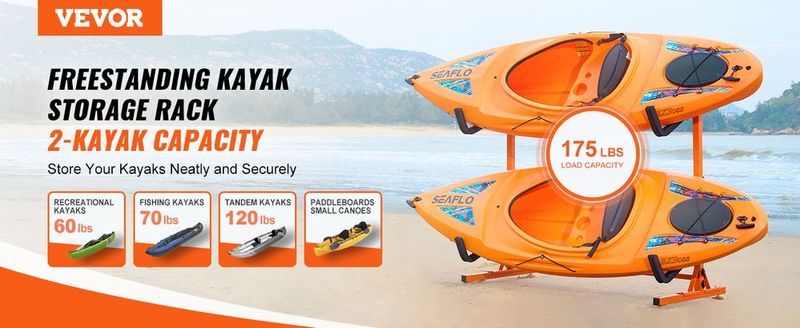 VEVOR Freestanding Kayak Storage Rack, Kayak Stand For 2 Kayak Canoe Paddleboard, Heavy-duty Steel Kayak Hanger Holder With Padded Arms And Adjustable Width, 175LBS Max Load, For Indoor Outdoor Garage_voghion.com