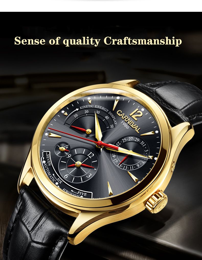CARNIVAL Second Time Zone Kinetic Energy Display Watch Men Sapphire Automatic Mechanical Watches Man Watch Leather Waterproof_voghion.com