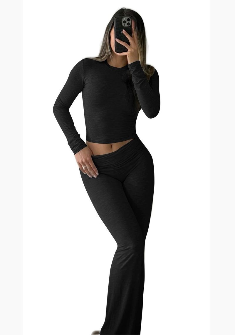Ensemble deux pièces décontracté pour femme, manches longues, col rond, pantalon évasé taille basse, survêtement tendance_voghion.com