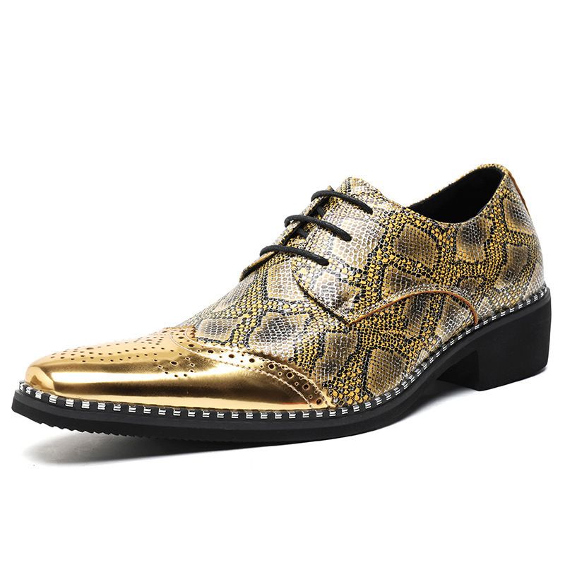 Cross-Border Gold Glossy Business Brogue European And American Fashion Large Size Lace-Up Derby Pointed Toe Small_voghion.com