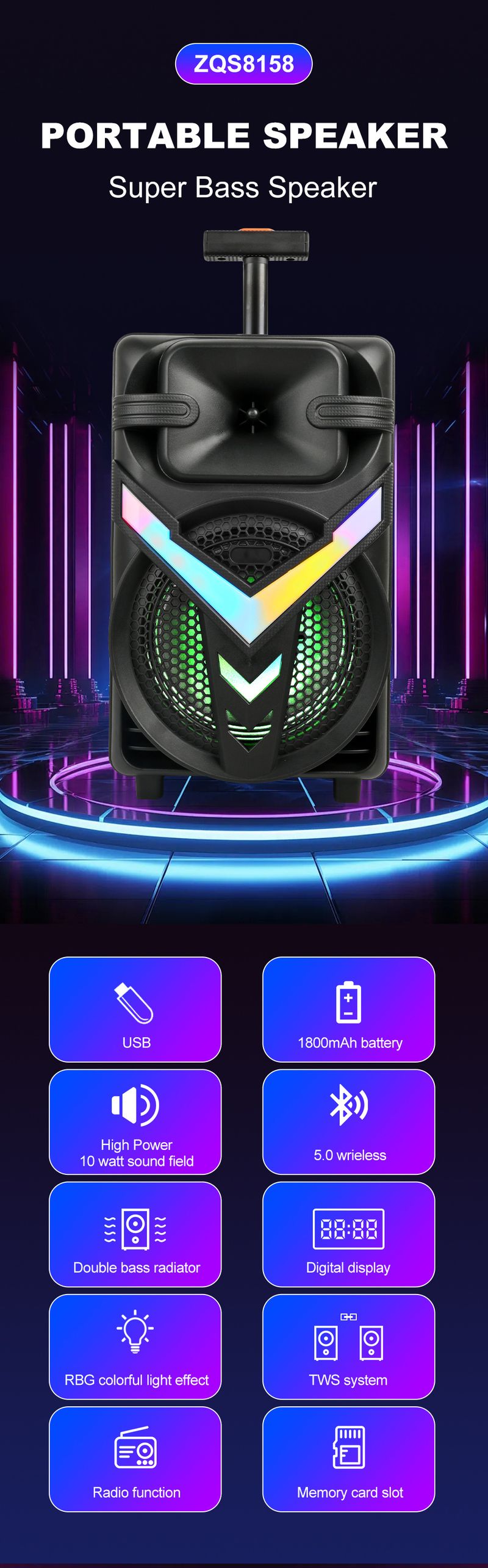 ZQS8158 Přenosný venkovní vozík Bezdrátový Bluetooth RGB Vysoce výkonný reproduktor s dlouhou výdrží baterie a vysokou kvalitou zvuku_voghion.com