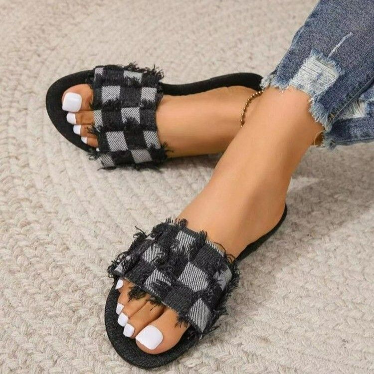Pantofole da donna taglie forti 2023, nuove scarpe casual alla moda semplici e piatte in denim quadrato_voghion.com