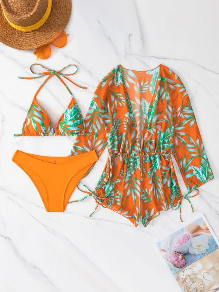 Costume da bagno intero da donna in rete con vita alta, stampa con coulisse, bikini in tre pezzi_voghion.com