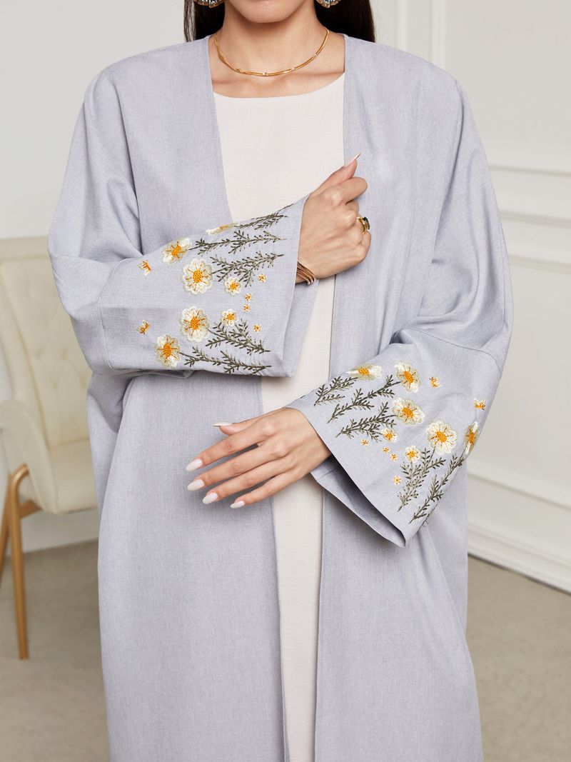 Abito lungo da donna in tessuto di poliestere, elegante, con cardigan aperto ricamato, alla moda musulmana, a maniche lunghe, primaverile_voghion.com