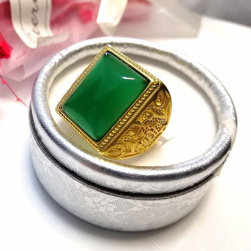 Anello da uomo in polpa di giada verde con pietra quadrata, tirando le dita per ricchezza e tesori, anello vivente_voghion.com