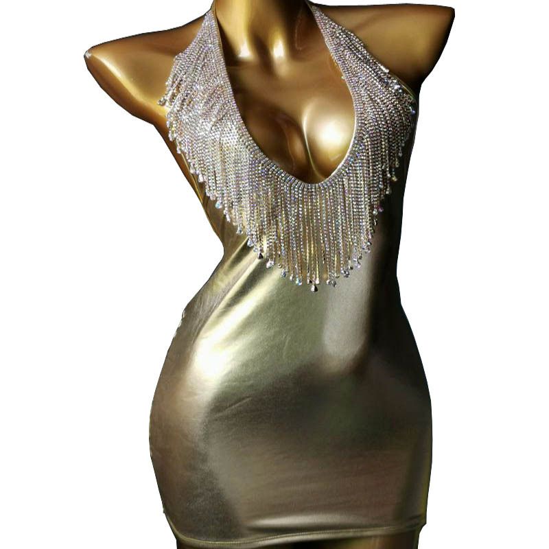 Nuovo abito nero con scollo a V e frange allacciato alla schiena per feste in discoteca_voghion.com