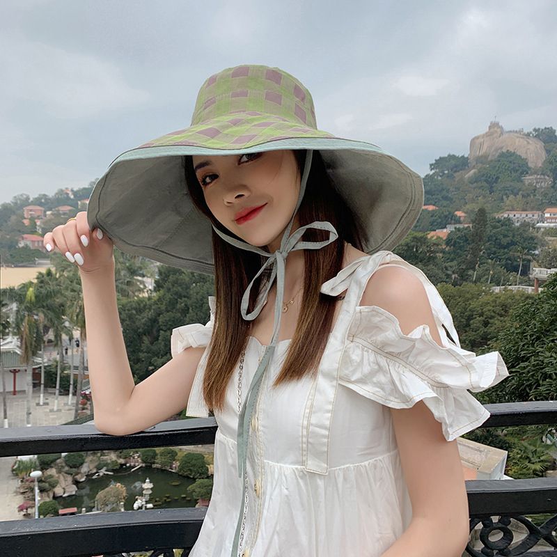 Fashion Double-sided Foldable Bucket Hats for Women Summer Sun Hat Solid Plaid Wide Brim Panama Beach Fisherman Cap_voghion.com