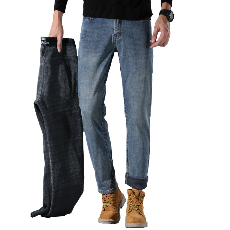 LEEPAUD für Herren Winter Plüsch und dicken elastischen geraden Bein locker sitzende Business Casual Jeans_voghion.com