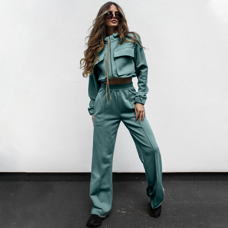 Women's solid color zipper double bag drawstring long sleeve shirt fashion casual long pantsuit_voghion.com