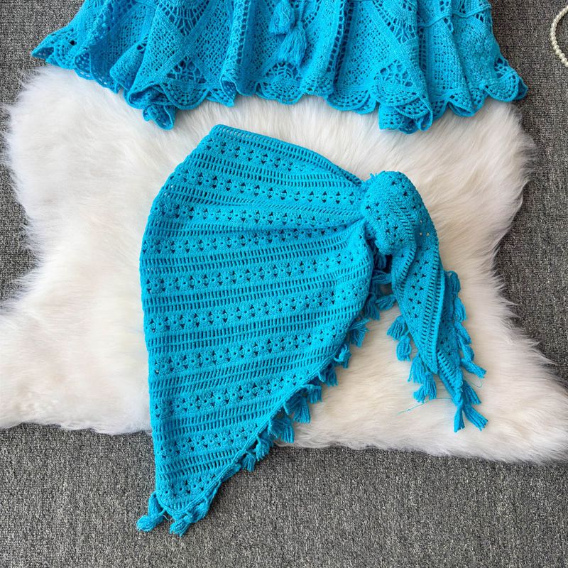 Damenbekleidung Retro V-Ausschnitt Haken Blume Hohl Strickpullover Damen Sommer Große Größe Cardigan Top Zweiteiliges Set Unregelmäßiger kurzer Rock_voghion.com