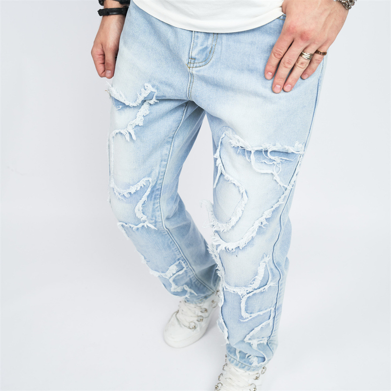 Men's  and womenCross-border washed jeans for  in spring and autumn American retro raw edge design loose straight wide-leg floor mopping pants_voghion.com