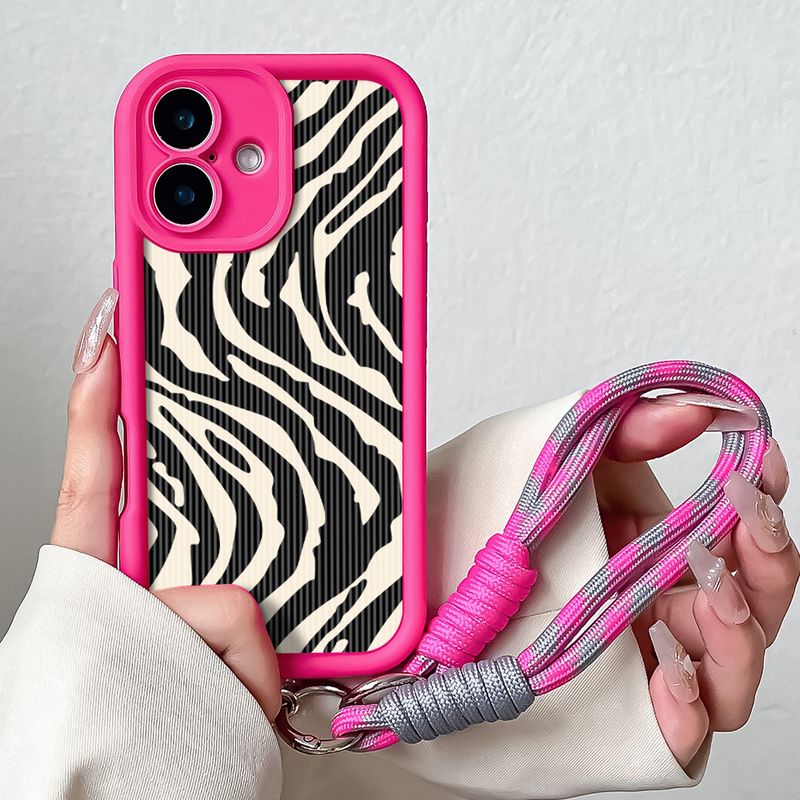 Étui de téléphone avec dragonne pour iPhone 16 Pro Max Plus, motif zébré, motif treillis, TPU souple, chaîne de poignet, dragonne, coque antichoc_voghion.com