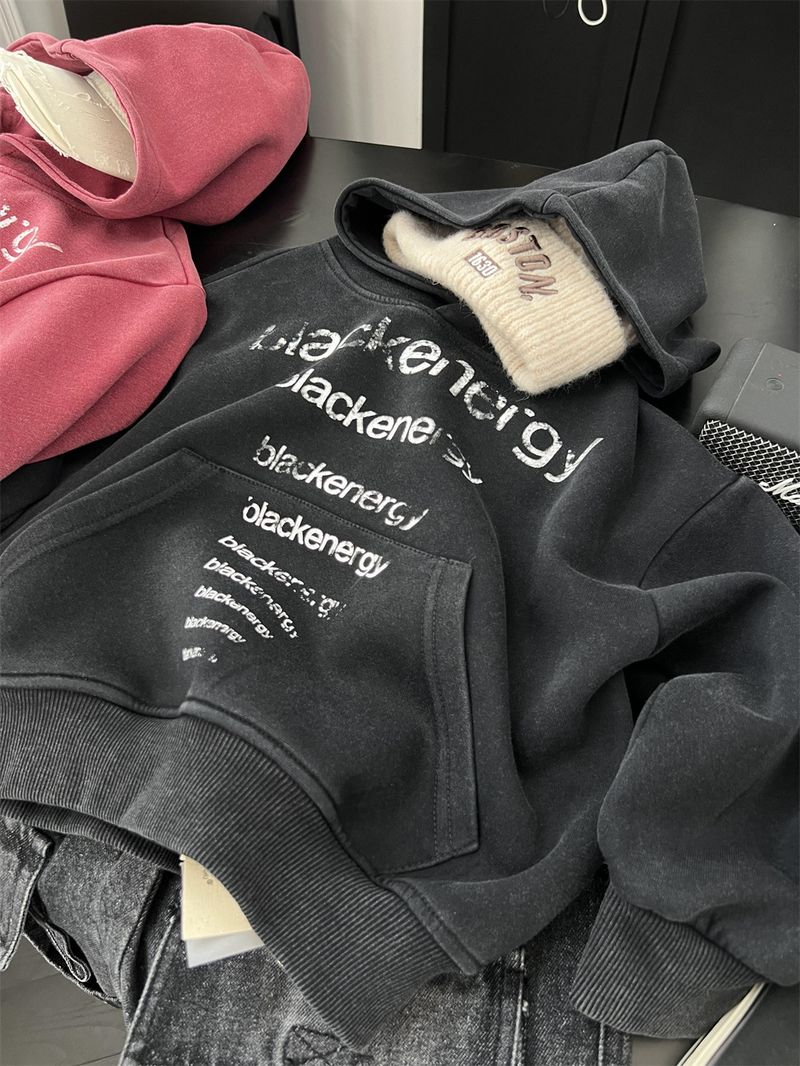 Boys And Girls American Vintage Letter Hooded Sweatshirt, Children's Trendy Cool Autumn Style Sand Washed White Pullover_voghion.com