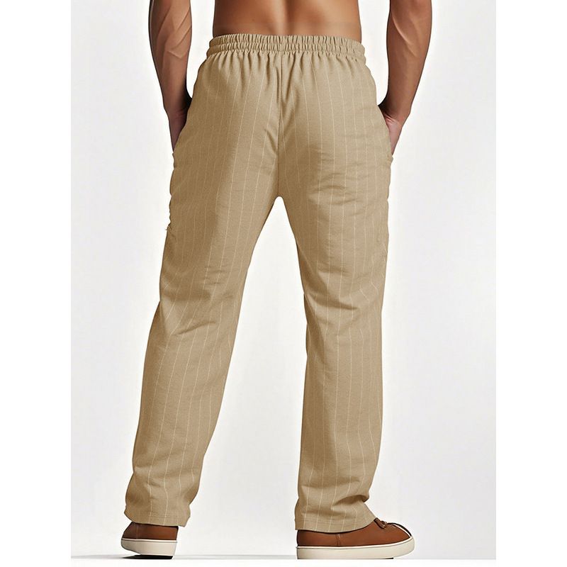 2025 Linen Summer Beach Drawstring Vertical Stripes Straight Comfortable Breathable Casual Long Men's Pants_voghion.com
