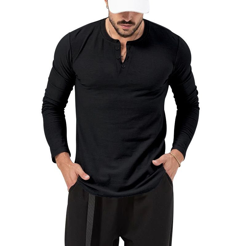 Unschlagbare Qualität 2025 Langarm-T-Shirt Rundhalsausschnitt Einfarbig Button-Down Henley Casual Sports Base Shirt Herrenbekleidung_voghion.com