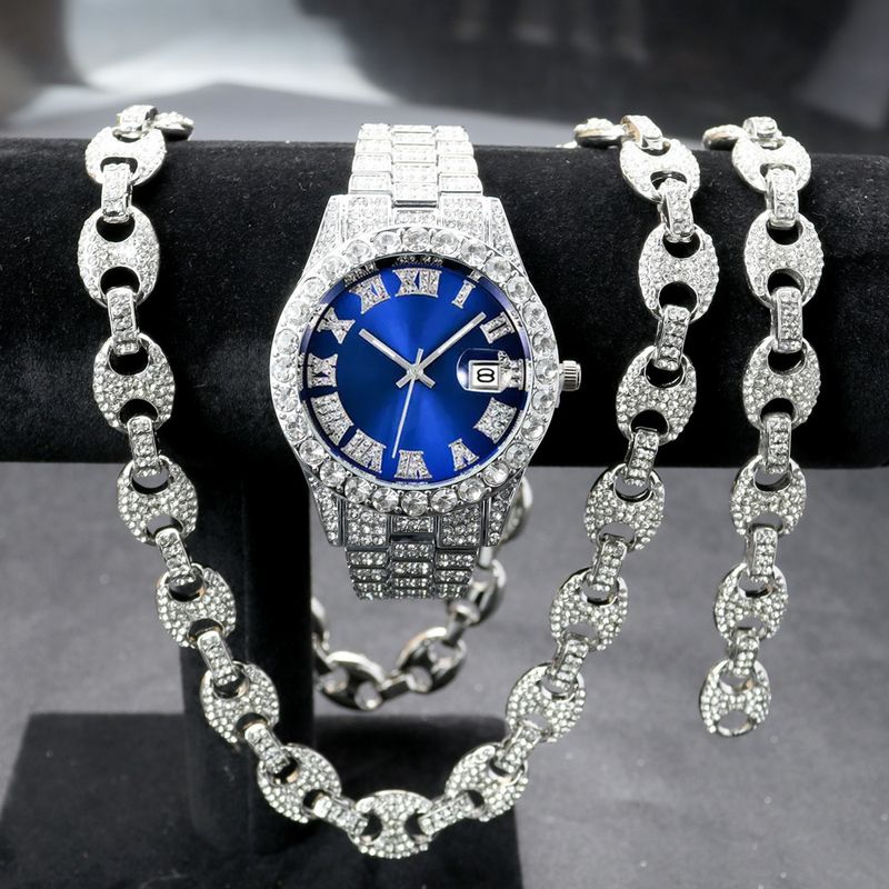 Full Diamond Hip Hop Watch Character Cuban Bracelet Necklace Set Roman Scale Calendar Quartz Watch_voghion.com