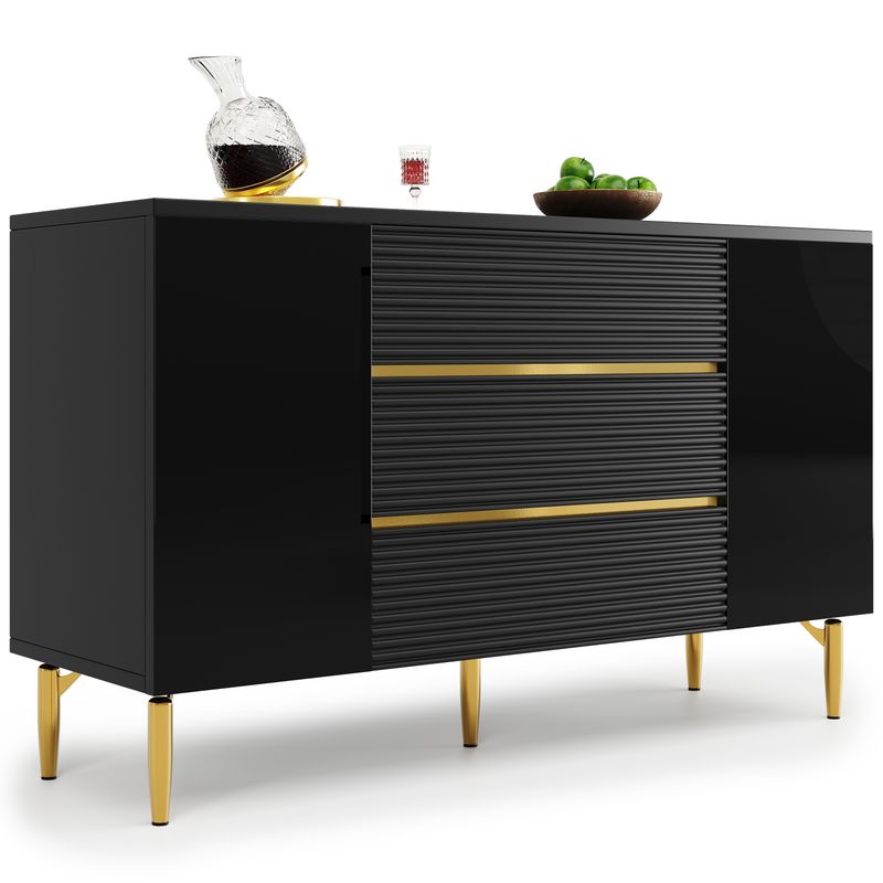 Kommode Schwarz Mit Kariertem Schubladendesign, Goldverzierung_voghion.com
