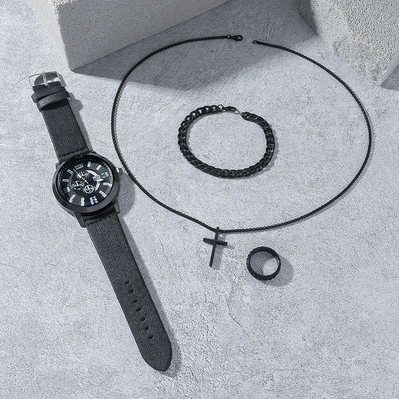 Niet-mechanisch horloge met drie wijzers, casual, zakelijk, kalender, stalen band, quartz polshorloge, eenvoudige kruisketting, armbandset_voghion.com