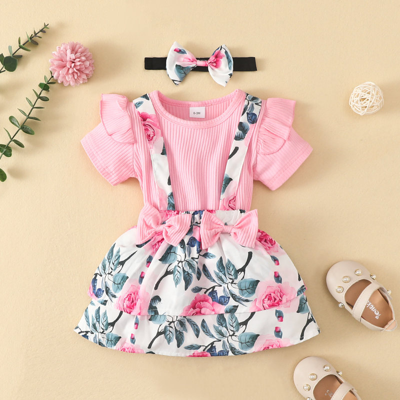 Dětské oblečení, jarní a podzimní oblečení, dětské oblečení s krátkými rukávy, trojúhelníkový overal s květinovou mašlí a podvazkovou sukní_voghion.com