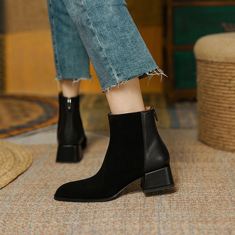 New Autumn Winter Wo's Square Toe Simple Patchwork Brown Chunky Martin Suede Mid Heel Back Zipper Short Boots For_voghion.com