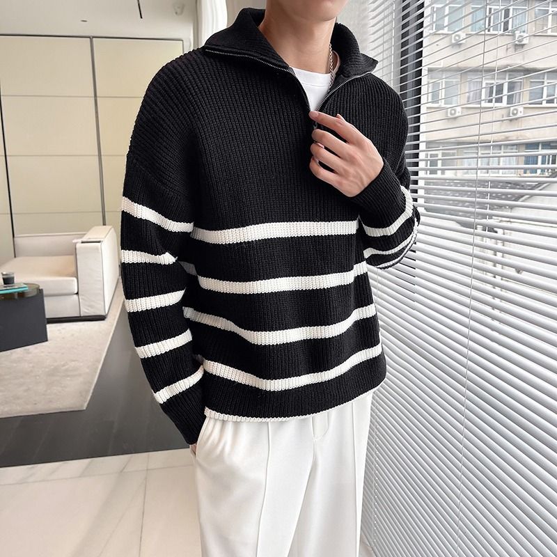 Maglione a righe con cerniera a collo alto e mezza lunghezza, da uomo, autunno e inverno_voghion.com