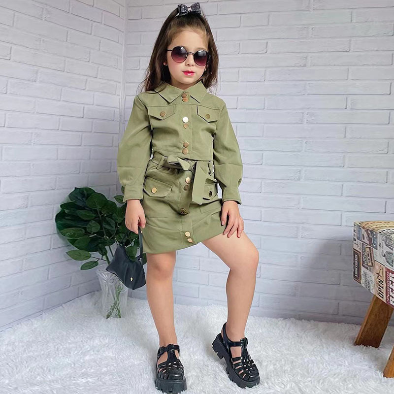 Abbigliamento per bambini Abito alla moda per bambina, gonna corta, gonna corta, manica lunga, abito da 2 pezzi_voghion.com